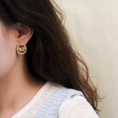 【Stud Earrings】Vintage Court Purple Glaze Gold Plated Butterfly Daily Wear Earrings for Women