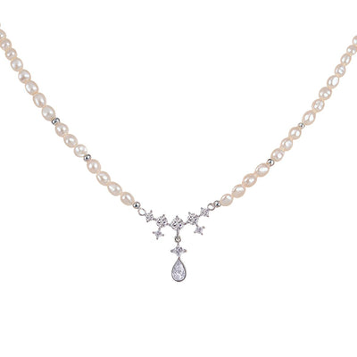 【Pendant Necklace】Copper Chain Natural Pearl Bead Pendant Necklace with Zirconia Accent, Fashion Accessory for Ladies, Perfect Gift for Birthday or Dating