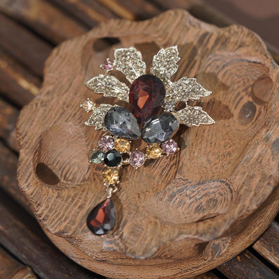 Floral Brooch with Gemstones & Vines - Vintage Asymmetrical Pin Jewelry for Women