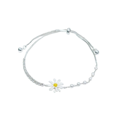 Elegant Daisy Pearl & Zircon Bracelet, Silver-Tone Chain with Adjustable Slider, Dainty Jewelry Gift for Women
