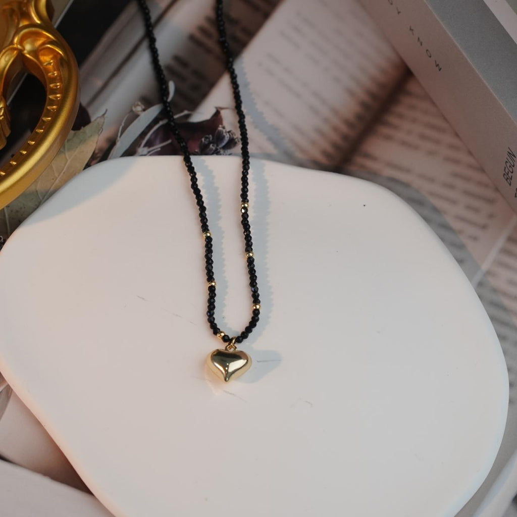 【Pendant Necklace】Black Bead Necklace with Gold Plated Heart Pendant, Modern Minimalist Jewelry for Women
