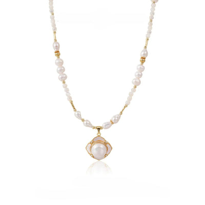 【Pendant Necklace】Brass Pearl & Shell Beaded Chain with Geometric Pendant Necklace Elegant Jewelry Gift for Women