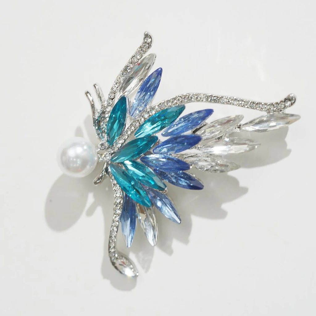 Bionic Wing Brooch, Asymmetrical Design, Gradient Gemstones & Pearl Center - Romantic for Young Ladies