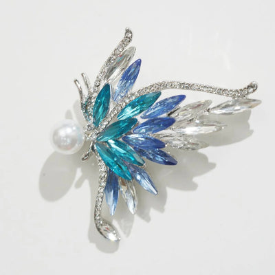 Bionic Wing Brooch, Asymmetrical Design, Gradient Gemstones & Pearl Center - Romantic for Young Ladies