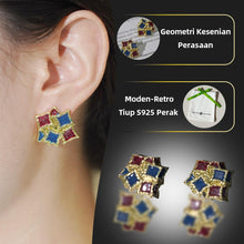 Load image into Gallery viewer, Anting-anting Stud Geometrik, Enamel Kilauan Biru-Merah Tepi Emas, Berbentuk Ketupat Bertindan, Sesuai untuk Pakaian Harian, Gaya Anak Ayam