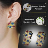 Anting-anting Stud Geometrik, Enamel Kilauan Biru-Merah Tepi Emas, Berbentuk Ketupat Bertindan, Sesuai untuk Pakaian Harian, Gaya Anak Ayam