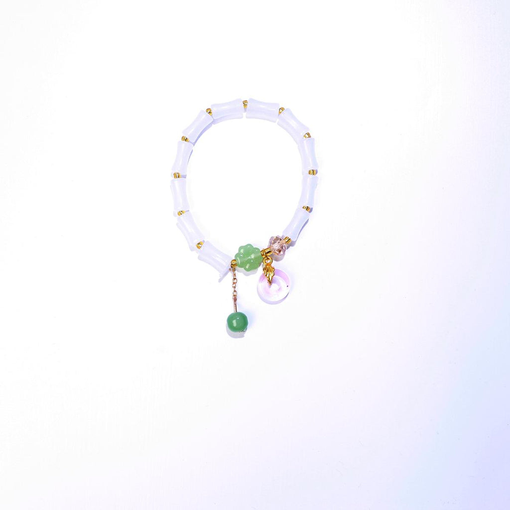 Gelang Manik Kaca, Buluh Putih dan Merah Jambu, dengan Pesona Daun, Hadiah Barang Kemas Elegan, untuk Wanita, Gelang