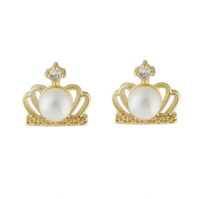 【Stud Earring】Golden Crown-Shape Natural Pearl Stud Earring with Silver Post, Luxury Elegant Jewelry for Women