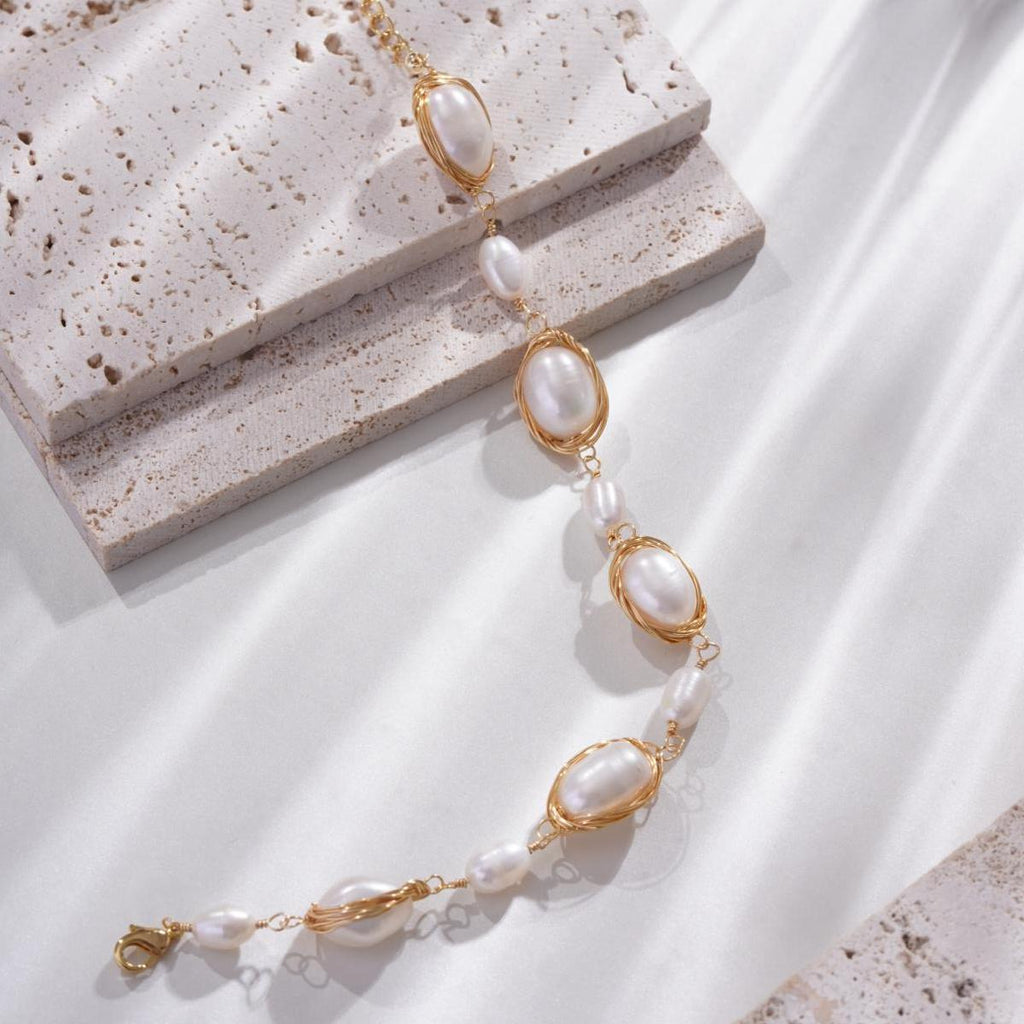 【Bracelet】Copper Woven Chain with Natural Freshwater Pearl Bracelet, Women Shining Elegant Gift