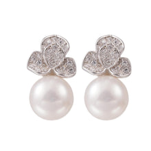 Load image into Gallery viewer, 【Stud Earring】Silver Floral with Shining Zircon Natural Freshwater Pearl Stud Earring, Women Classic Earring for Working or Dating
