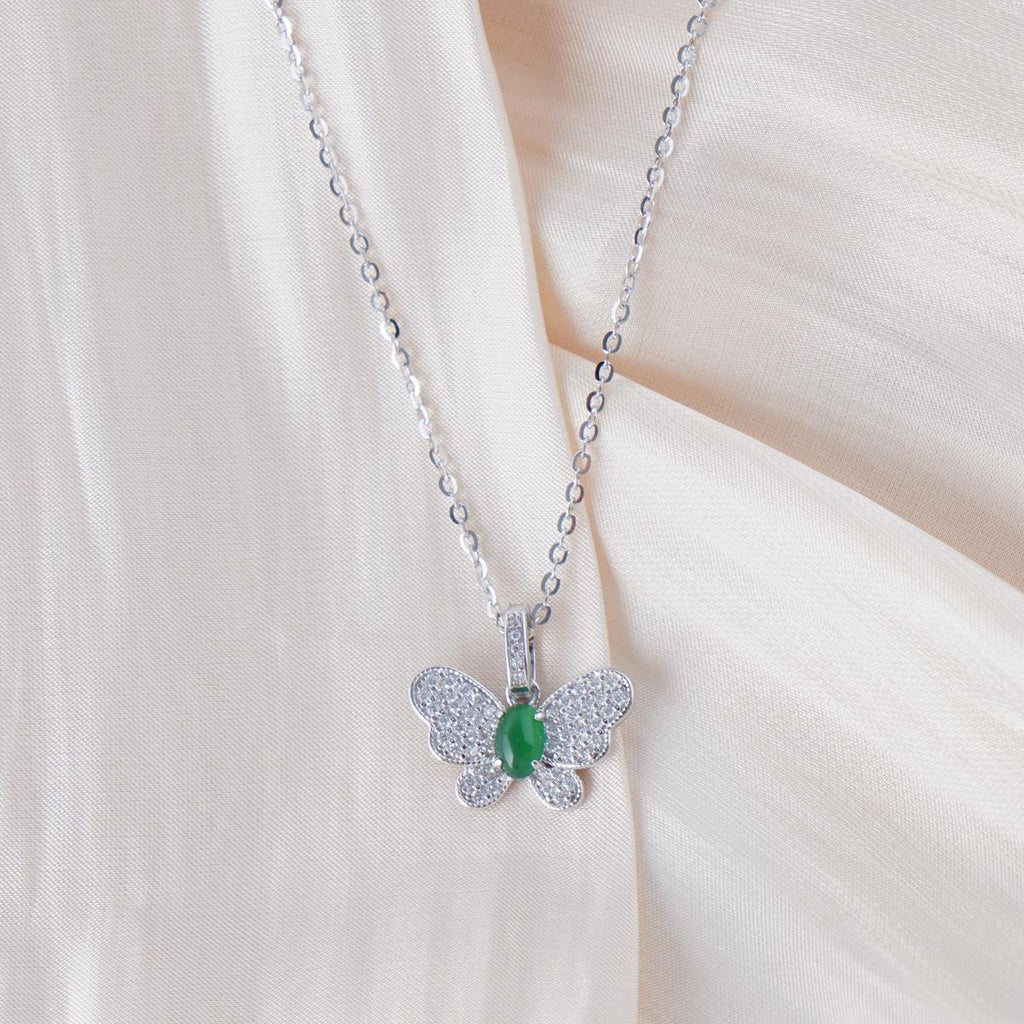 【Pendant Necklace】Butterfly-shape Jadeite Pendant with Silver-made Chain Necklace, Shining Zircon, Elegant Jadeite Jewelry Pendant Necklace for Women
