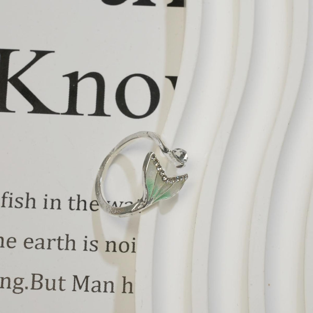 Cincin Ekor Duyung, Hijau Kecerunan Enamel, Hiasan Zirkon, Barang Kemas Dongeng, Sesuai untuk Gadis Pencinta Lautan stainless  steel  ring