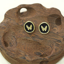 Load image into Gallery viewer, 【Stud Earrings】Gold-Edged Black Round Studs W/ Textured Butterfly, Vintage Style