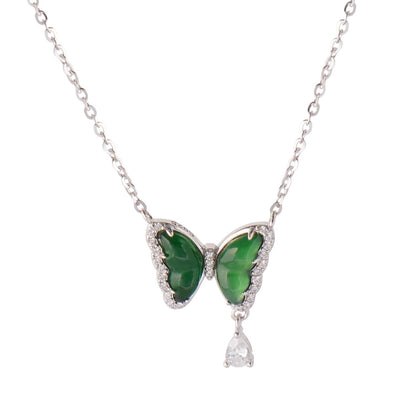 【Pendant Necklace】S925 Sterling Silver Green Jade Butterfly Pendant with Zirconia and Teardrop Accent, Nature-Inspired Jewelry, Elegant Whimsical Gift for Women