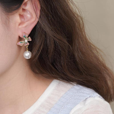【Drop Earring】Pink Green Butterfly Pearl Earrings Secure Closure Elegant for Women