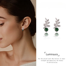 Load image into Gallery viewer, Jade Stud Earrings, 925 Sterling Silver Vine Leaf Drop Earrings with Green Jade and Cubic Zirconia, Nature-Inspired Dangle Earrings for Women, Elegant Birthstone Gift