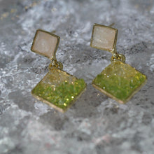Load image into Gallery viewer, 【Stud Earrings】Gold - Edged White &amp; Green Square - Glitter Earrings for Daily Chick