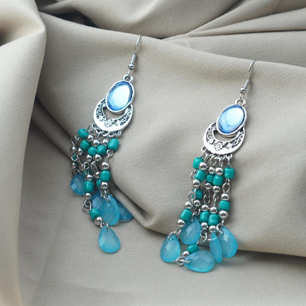 【Hook Earrings】Silver Plated Blue Gem Earrings with Vintage Beaded Tassel Design, Elegant Women's Jewelry