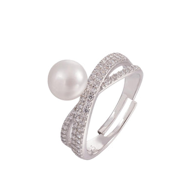 【Ring】Silver Ring Natural Freshwater Pearl, Shining Zircon Cross-Band Design, Elegant Jewelry for Women, Perfect Gift for Lover