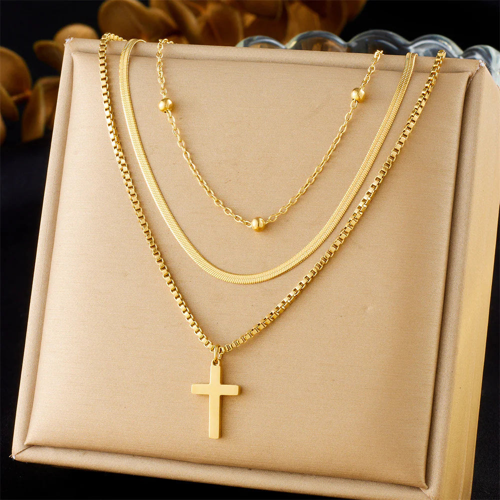 【Necklace】Multi-layer Stainless Steel  Necklace with Vintage Cross Pendant, Stylish Stackable Jewelry for Women