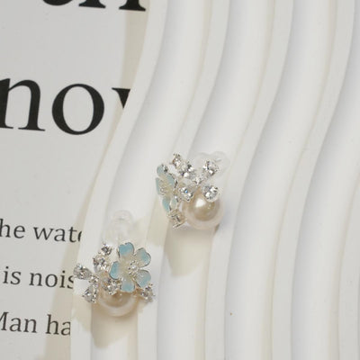 【Stud Earrings】Light Blue Flower & Pearl & Zircon Earrings, Fresh & Sweet Style for Fashion Women