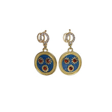 Load image into Gallery viewer, Anting-anting Menjuntai, Gaya Vintaj, Aloi Emas, Enamel Biru, Reka Bentuk Loket Batu Permata Merah, Untuk Pencinta Fesyen