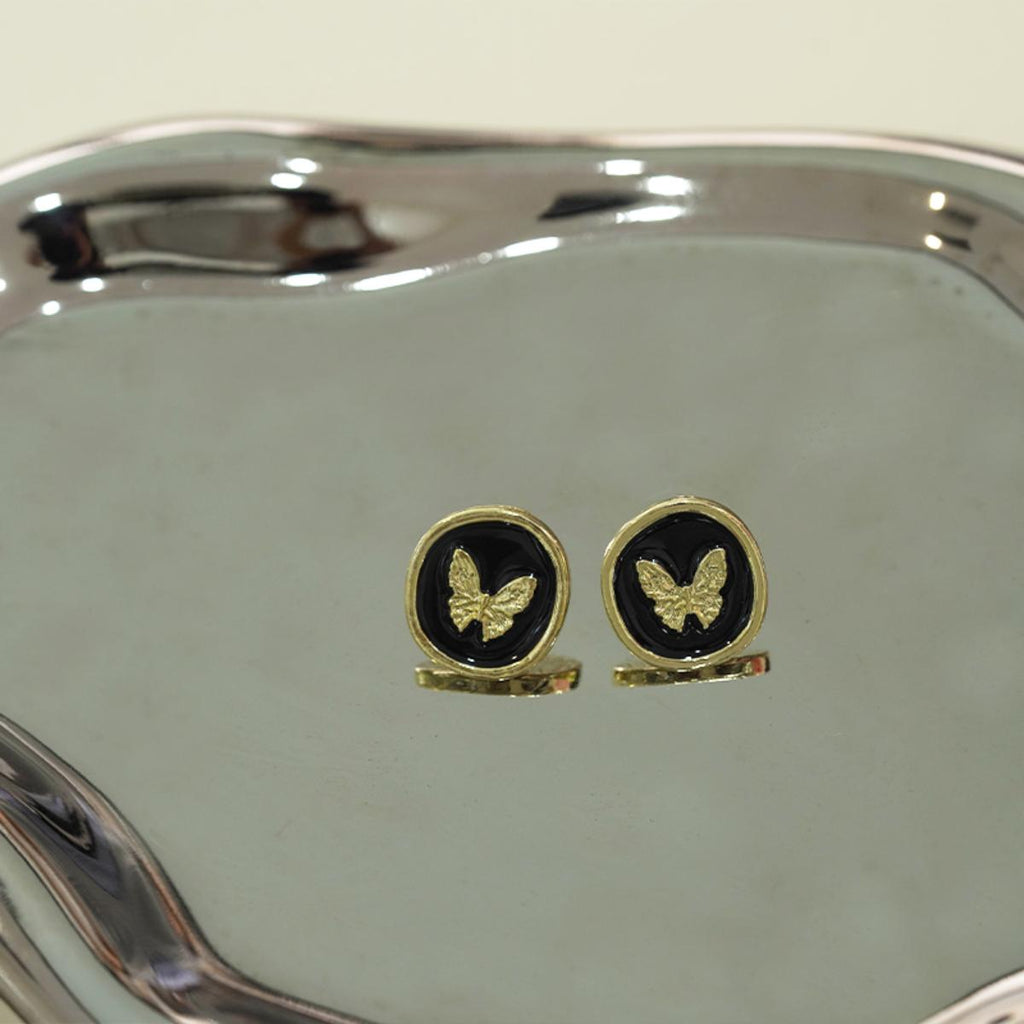 【Stud Earrings】Gold-Edged Black Round Studs W/ Textured Butterfly, Vintage Style