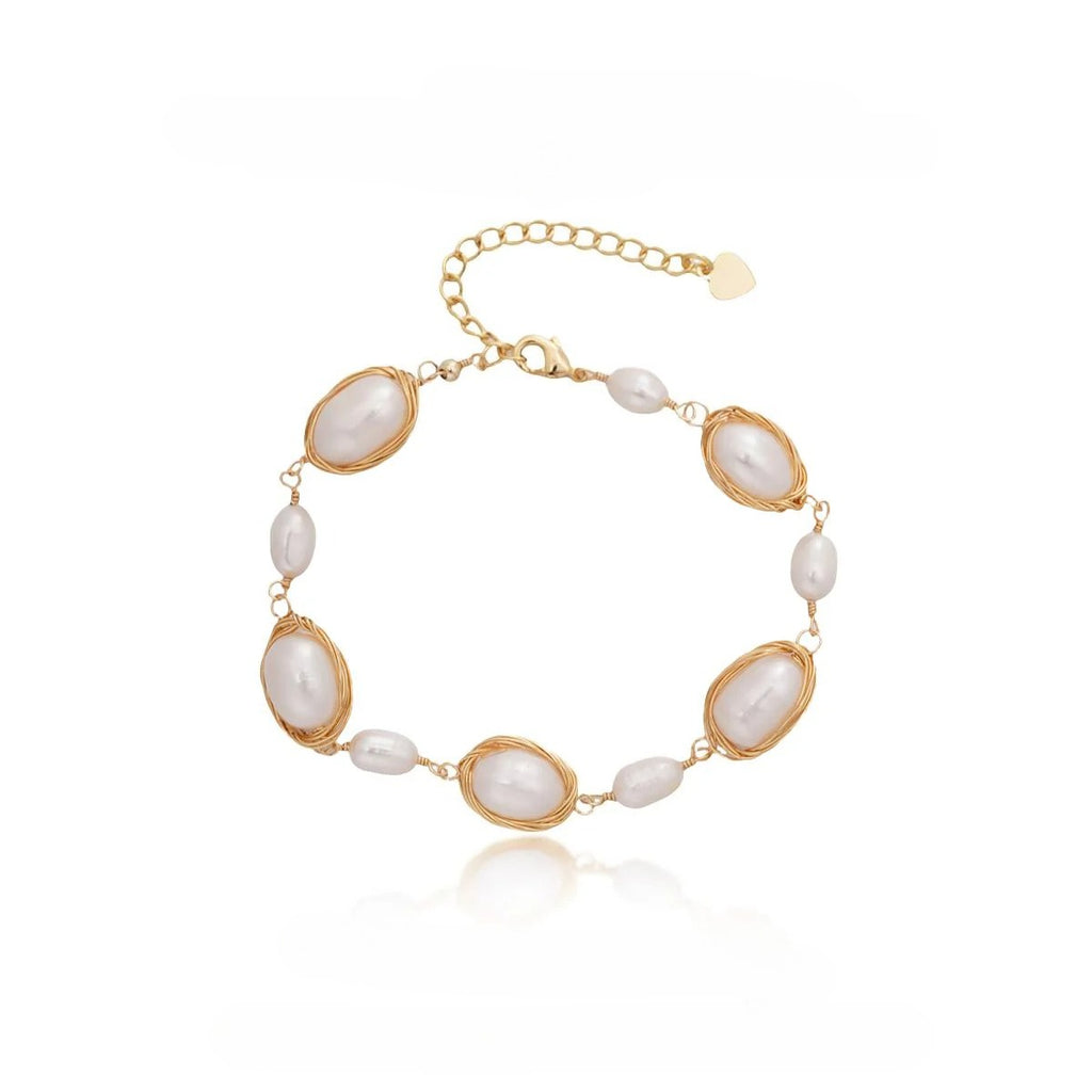 【Bracelet】Copper Woven Chain with Natural Freshwater Pearl Bracelet, Women Shining Elegant Gift