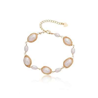 【Bracelet】Copper Woven Chain with Natural Freshwater Pearl Bracelet, Women Shining Elegant Gift