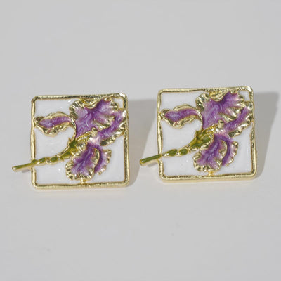 【Square Stud Earrings】Gold-Plated Purple Flower Artistic Studs for Daily Chick