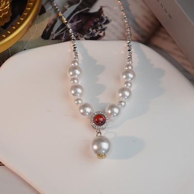 【Pendant Necklace】Gradient Pearl Necklace Set, Red & Blue Gemstone Jewelry, Elegant Silver Chain with Zircon Accents, Luxury Gift for her