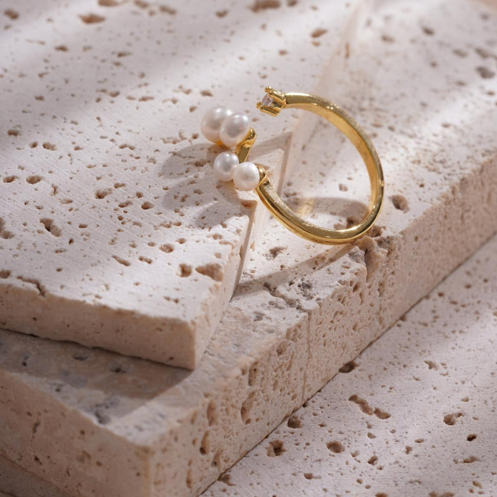 Adjustable Pearl & Crystal Ring, Antique Gold Copper Jewelry, Minimalist Boho Chic Statement Piece for Women