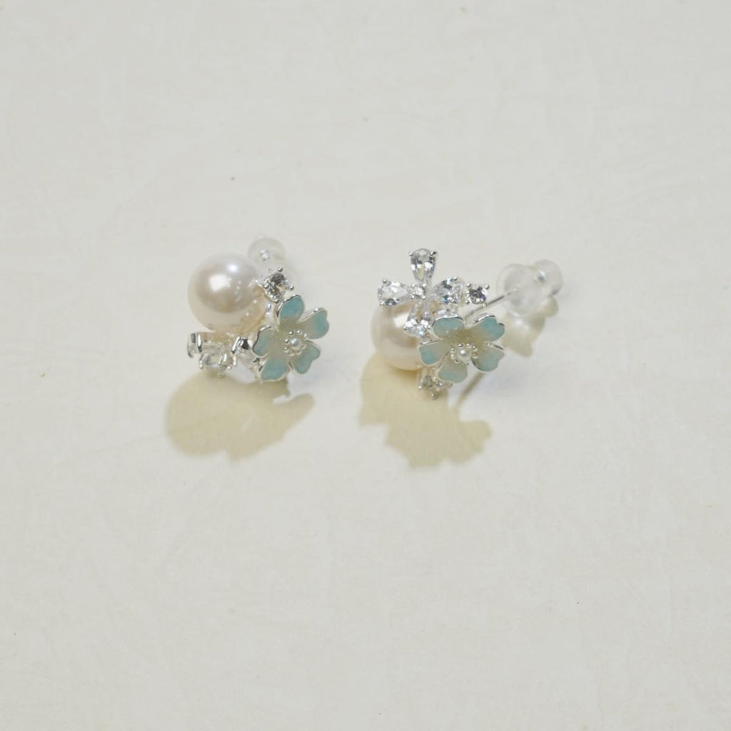 Subang Stud, Perak, Bunga Biru Muda Bernada dan Mutiara, Dihiasi Zirkon, Segar dan Manis, Untuk Wanita Fesyen cute  earrings