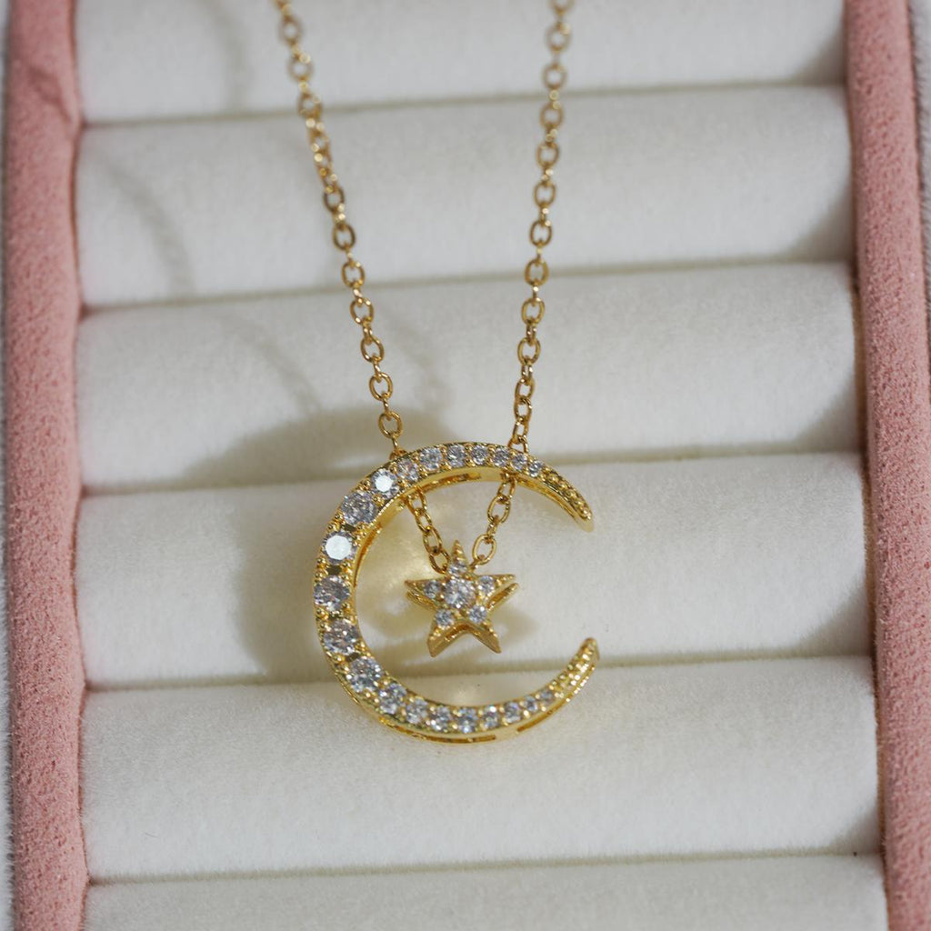 【Pendant Necklace】Moon Star Pendant Necklace Stainless Steel Chain Gold-Tone Crystal Zirconia Celestial Romantic Elegant Jewelry for Women