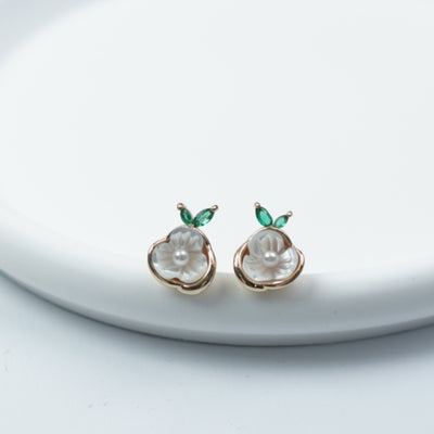 【Stud Earrings】Gold Tone, Mother - of - Pearl & Pearl, Zircon Leaf, Delicate & Elegant, For Fashion Lovers