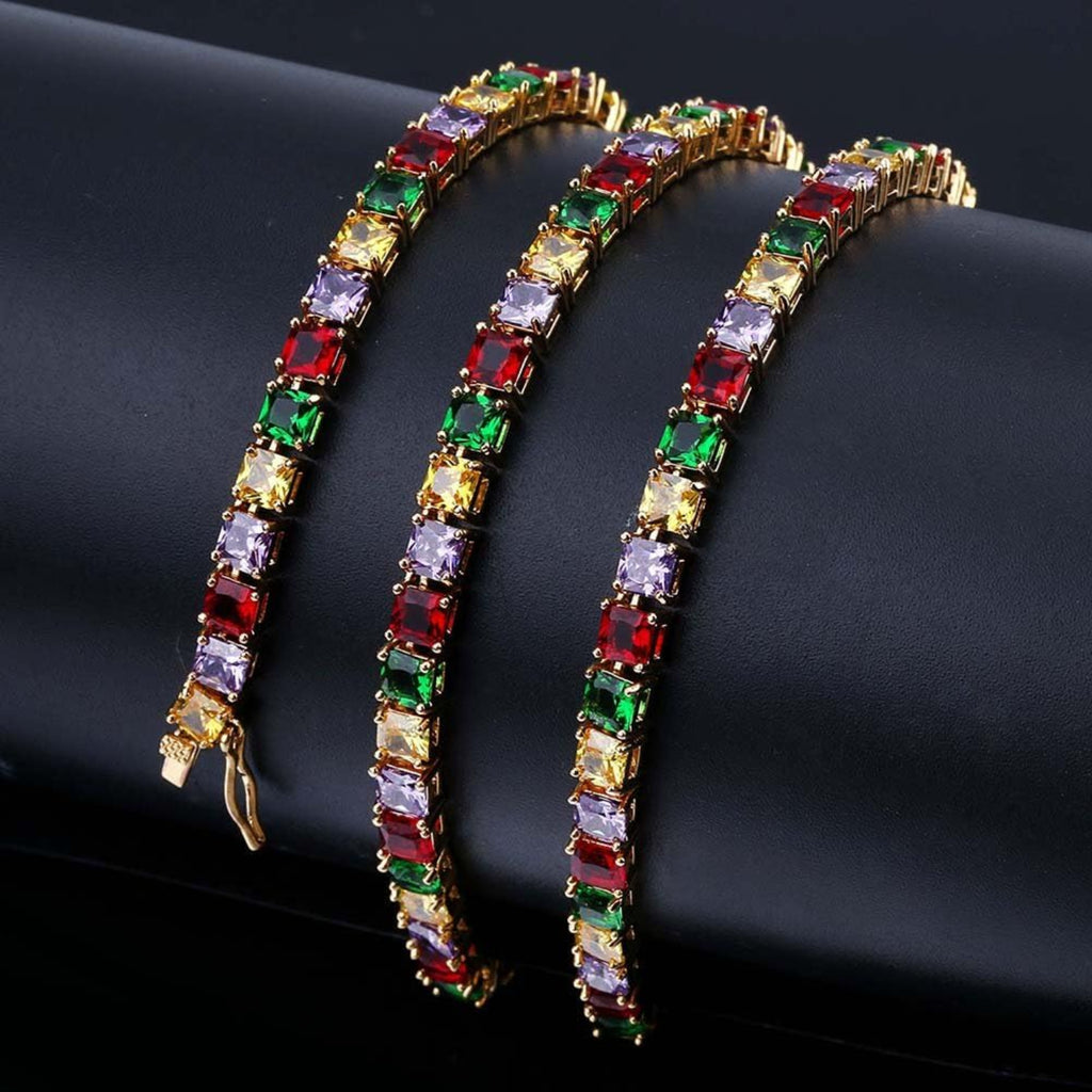 YOSZO 1 Row 4MM Gold Silver Plated Diamond Iced Out Chain Macro Pave Rainbow Square CZ Hip Hop Tennis Necklace and Bracelet