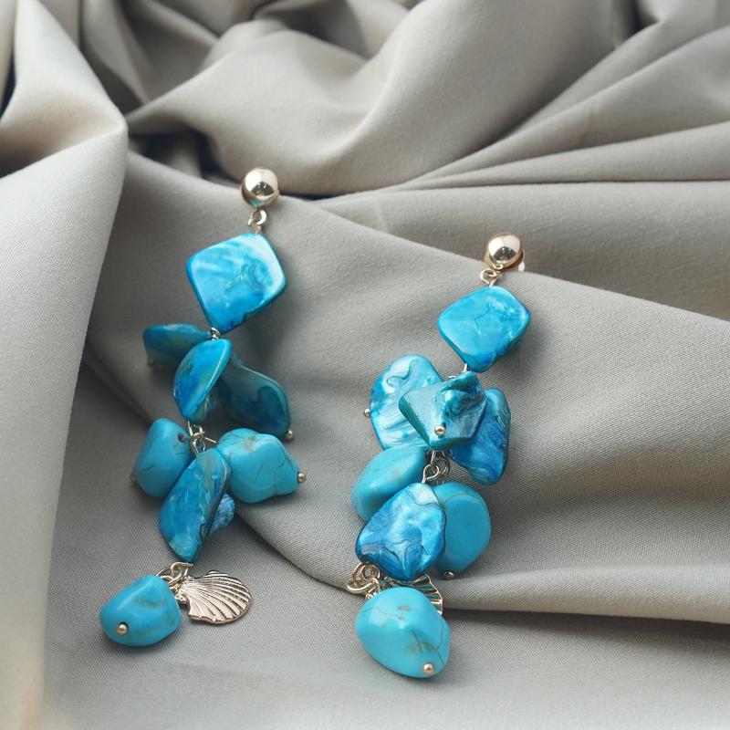 【Drop Earrings】Silver & Oceanic Natural Accent Earrings - Blue Stone & Mother-of-Pearl Layers - Seaside-Inspired Textured Elegance for Women