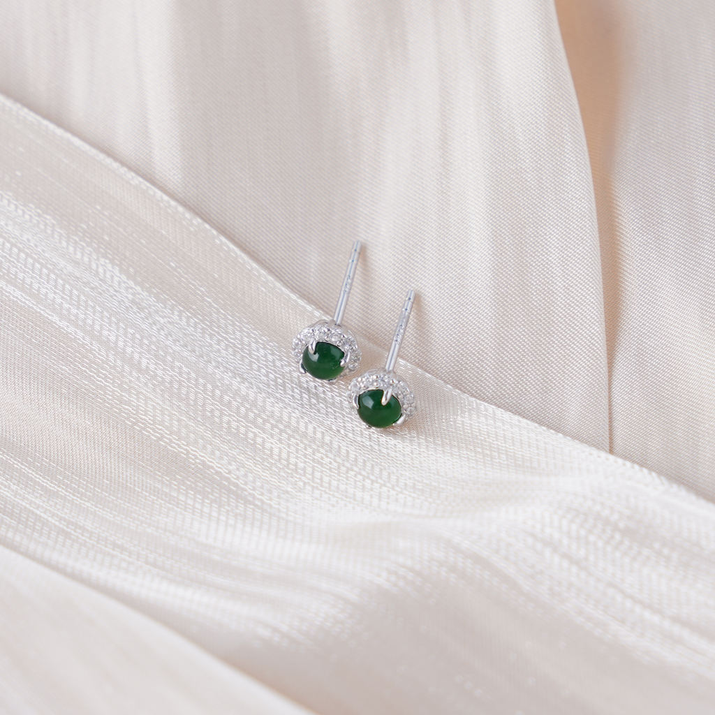 Jade Stud Earrings for Women, 925 Sterling Silver Green Jade Earrings with Cubic Zirconia Halo, Elegant Minimalist Studs, Gift Ready