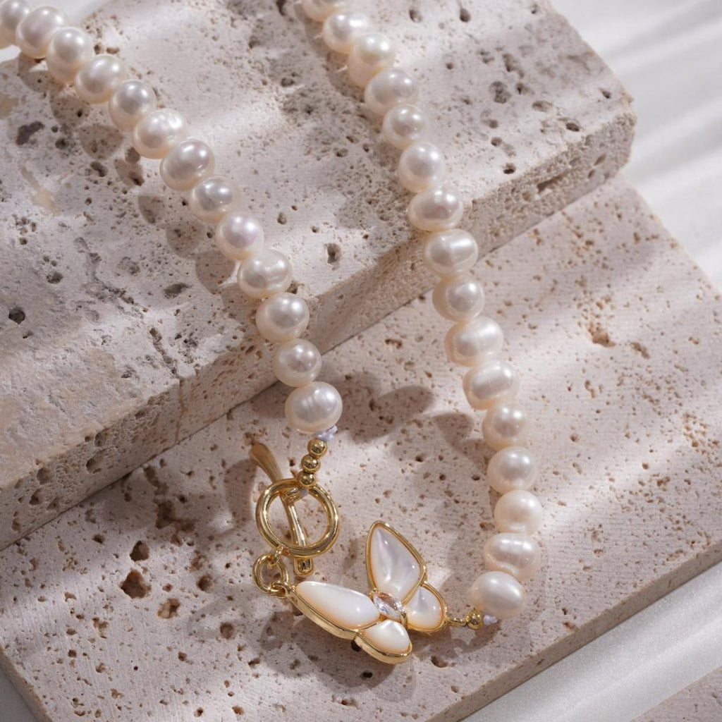 Elegant Natural Freshwater Pearl Necklace - Butterfly Accent - Feminine Charm for Everyday Wear