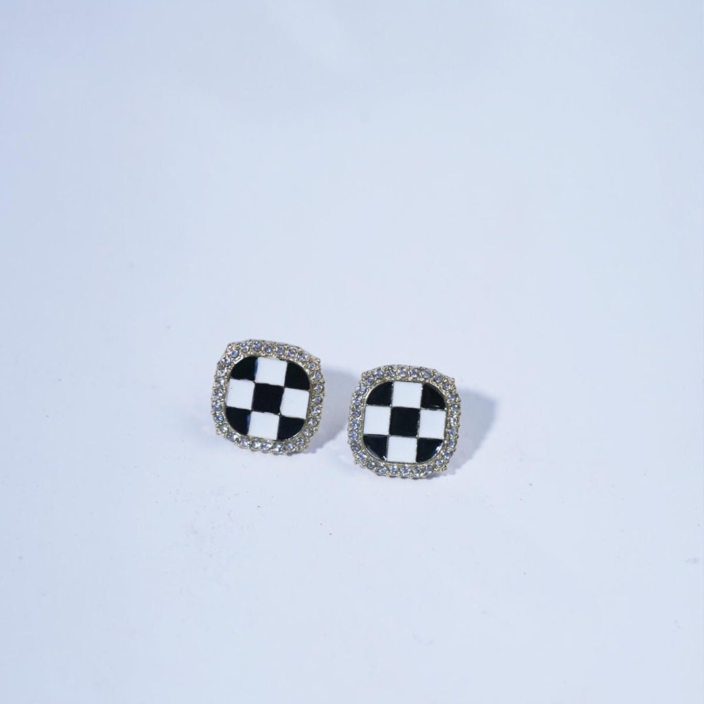 【Stud Earrings】 Checkerboard Square Earrings Crystal Halo Modern Minimalist Chic