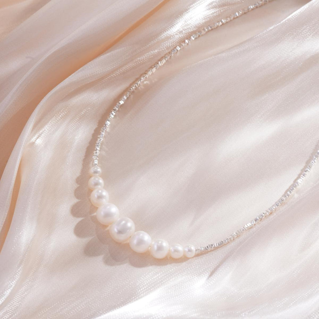 【Necklace】S925 Sterling Silver & Natural Freshwater Pearl Necklace Adjustable Chain Graduated Pearl Jewelry Gift for Ladies