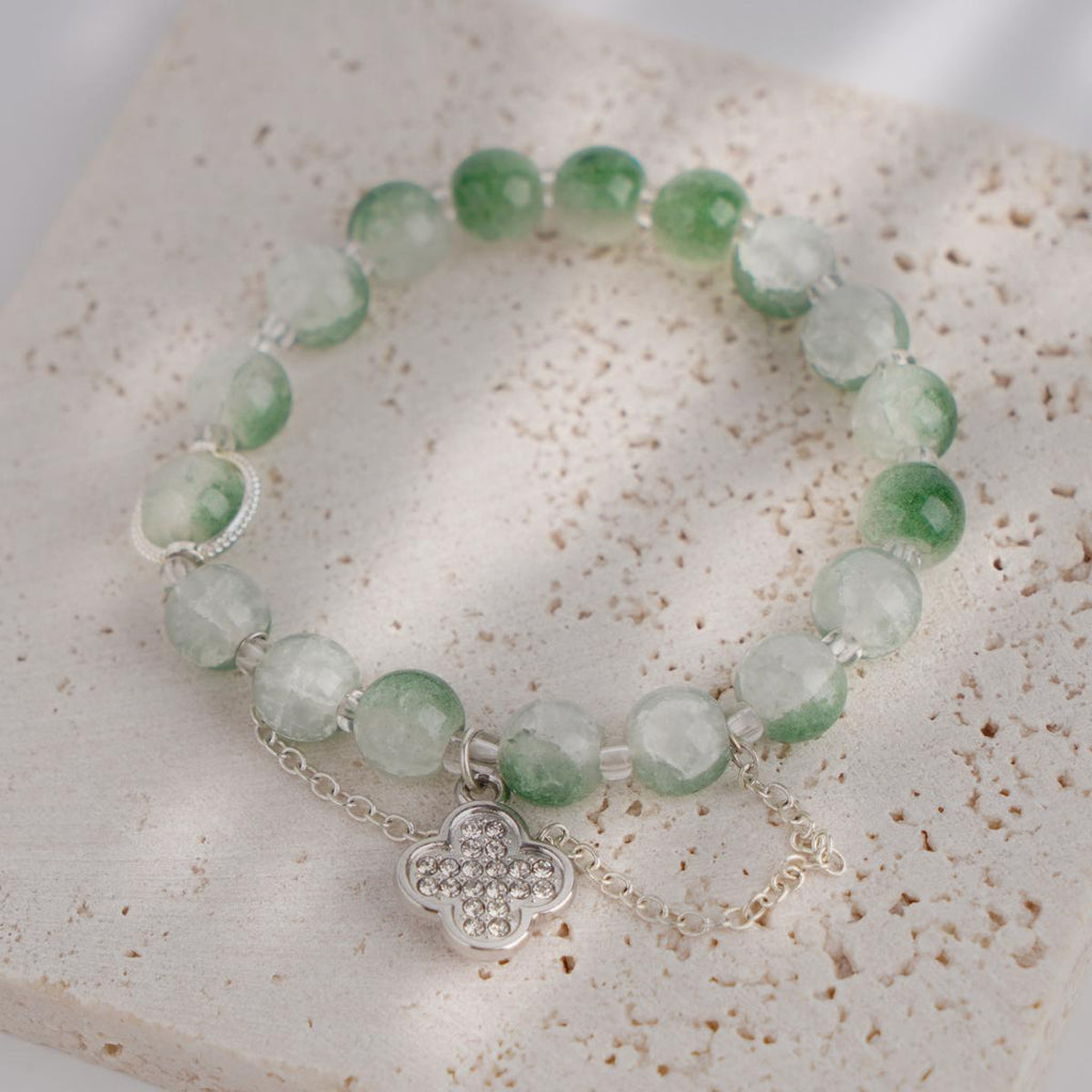 【Bracelet】Glass Bead Green Gradient Alloy Four-Leaf Clover Charm Bracelet Lucky Accessories for Women Daily Elegance
