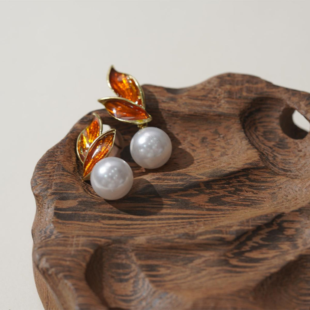 【Stud Earrings】Gold - Plated Leaf & Faux Pearl Earrings,Natural Inspiration for Causal Wear