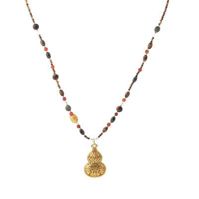 【Pendant Necklace】Oriental Boho Beaded Necklace, Copper & Gemstone Jewelry, Lucky Gourd Charm, Ethnic Layering Piece for Women