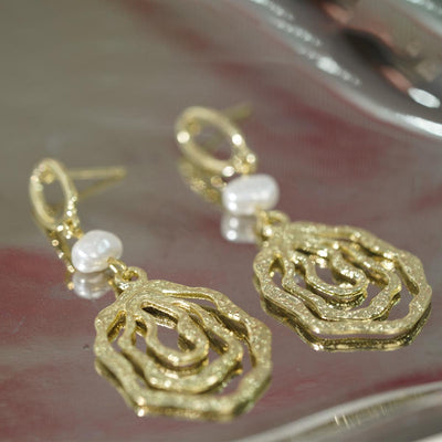 【Textured Drop Earrings】Golden Hoop with Faux Pearl & Lava - Like Openwork for Women