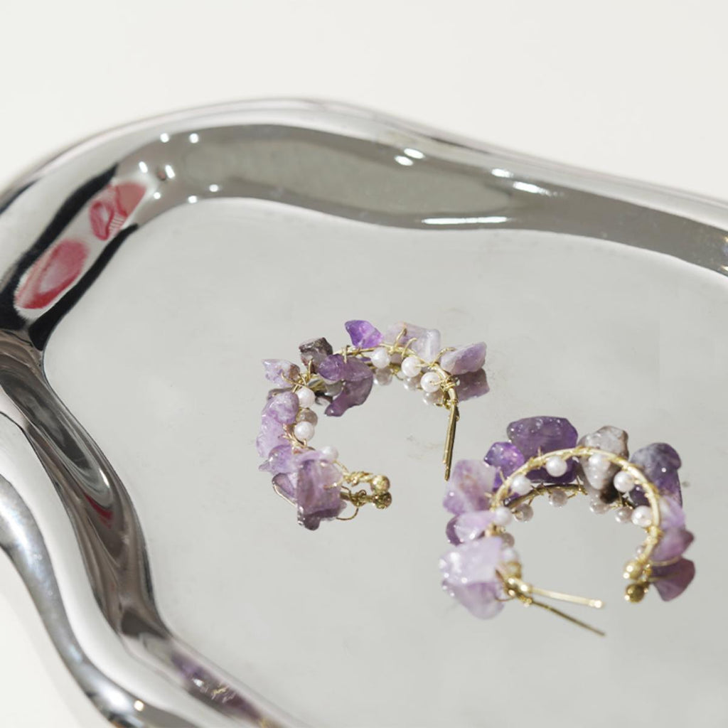 【Hoop Earrings】Gold-Wire Wrapped Natural Stone & Pearl C-Hoop Earrings, Forest-Style Jewelry for Women