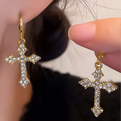 Gothic Rhinestone Cross Earrings Kpop Crystal Zircon Cross Drop Earring for Women Grunge Egirl Earrings Jewelry Accessories