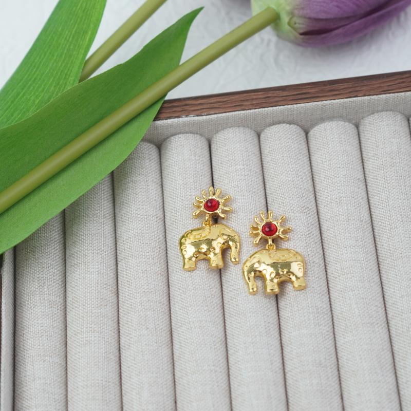 【Pendant Earrings】Gold-Plated Alloy Sun & Elephant Design - Red Crystal Accent Drop Earrings for Women