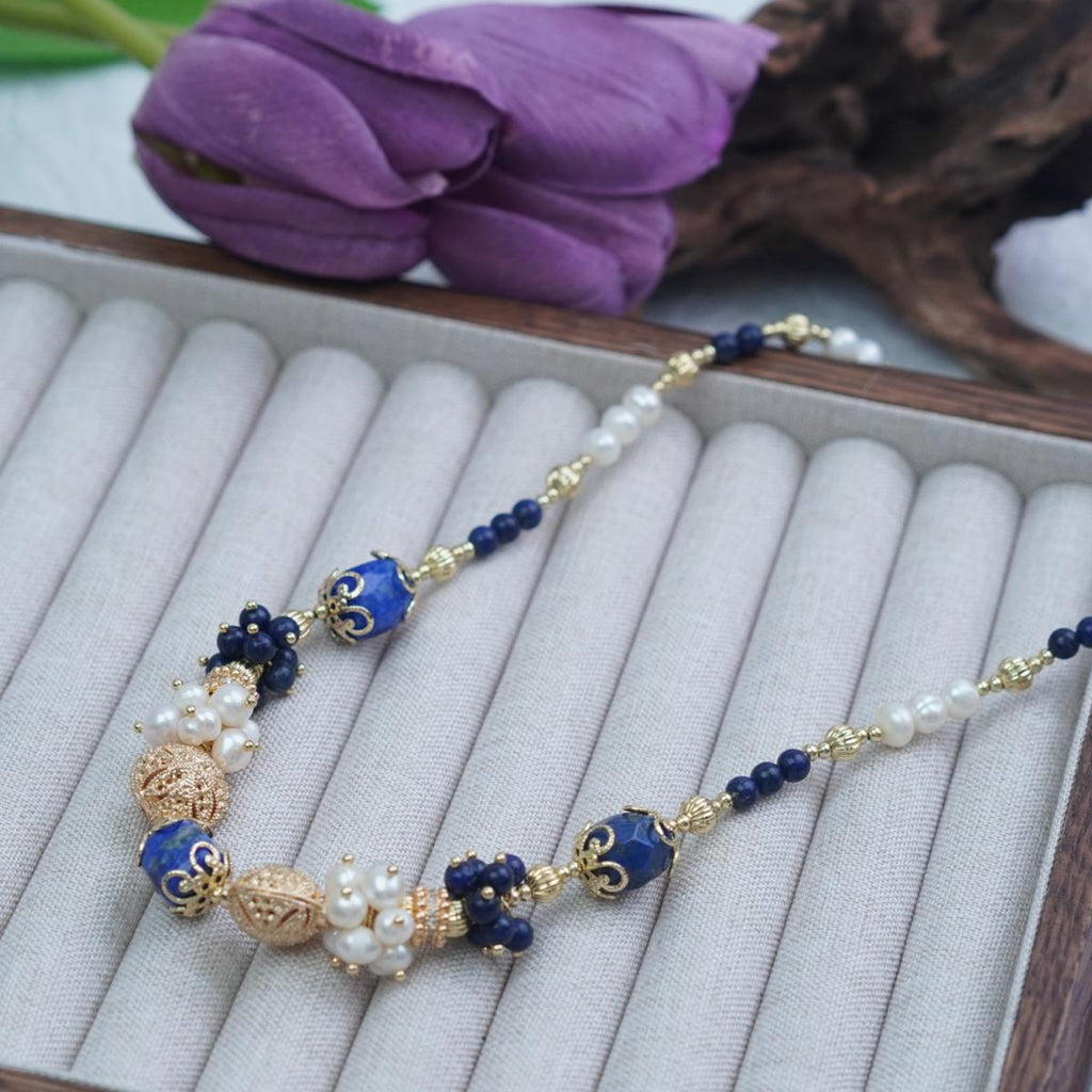 【Earrings&Necklace】Elegant Lapis Lazuli & Pearl Jewelry Set for Graceful Women, Charming Blue-White Design
