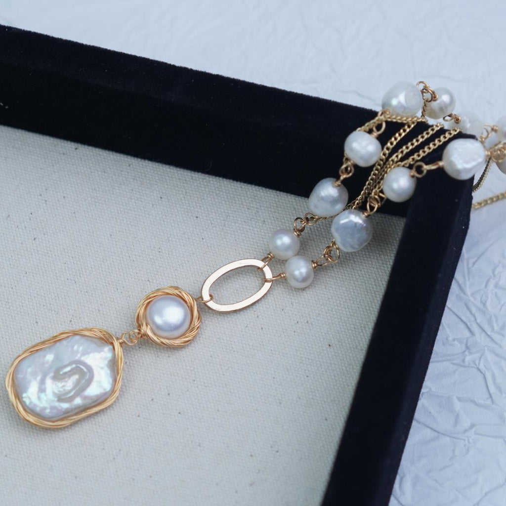 【Necklace】Unique Layered Design Baroque Pearl Pendant Necklace, Elegant & Fashionable Jewelry for Daily & Social Occasions
